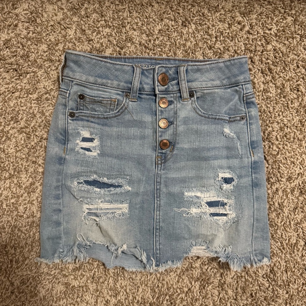 American Eagle Outfitters Light Blue Distressed Mini Skirt